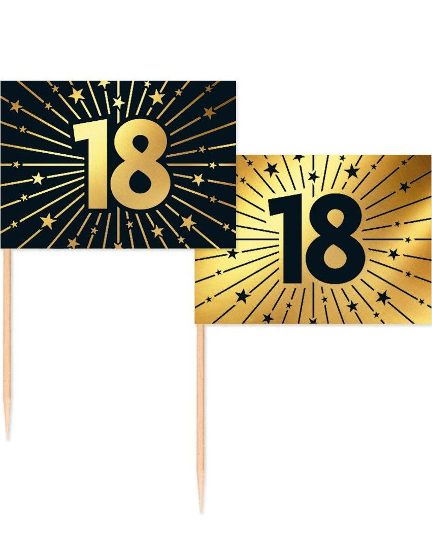 50 Stk 18 år Mat/Kakeflagg 6,5 cm - Svart og Gull