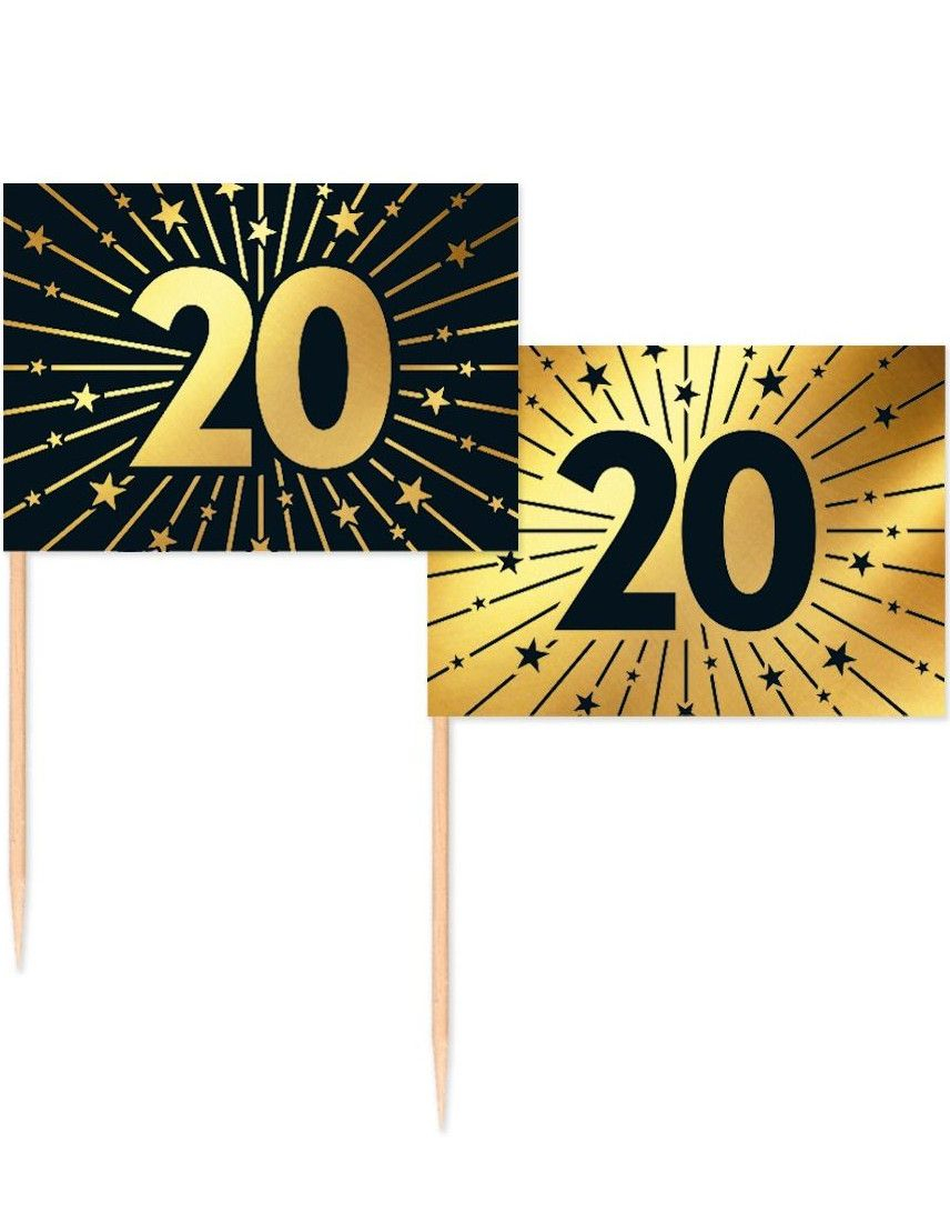 50 Stk 20 år Mat/Kakeflagg 6,5 cm - Svart og Gull