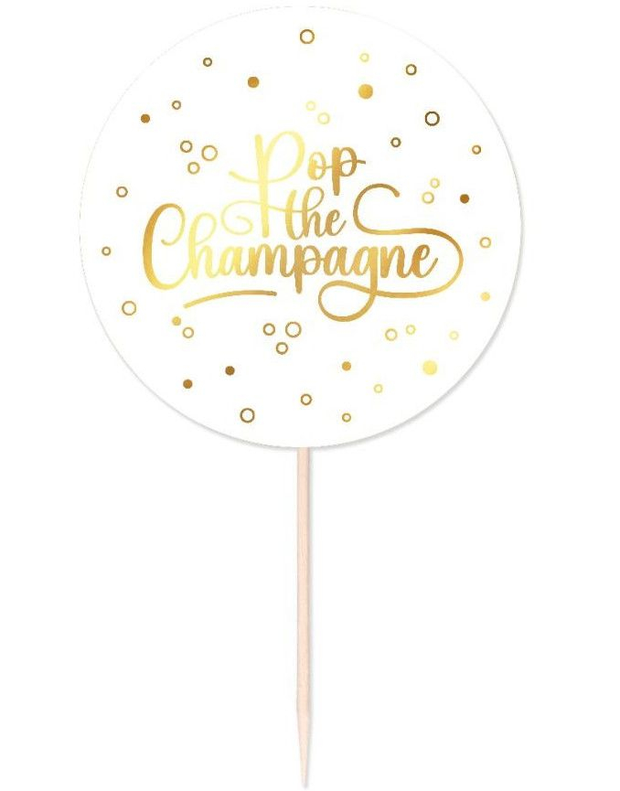 25 Stk Pop the Champagne Mat/Kakeflagg 8 cm - Hvit og Gull