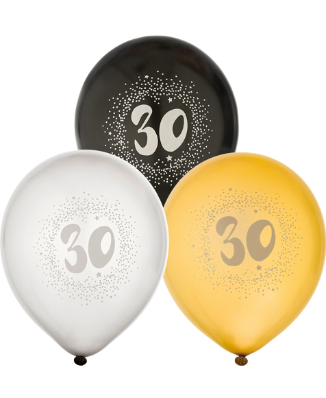 30 år - 6 stk Svarte, Sølv- og Gullfarget Ballonger 30 cm
