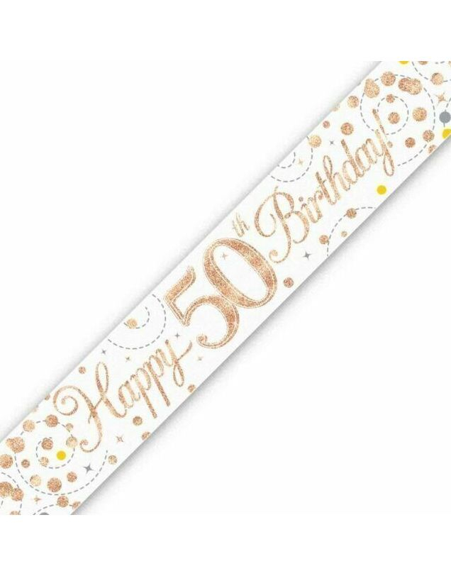 Happy 50th Birthday - 2,7 Meter Hvit og Rosegull Holografisk Banner