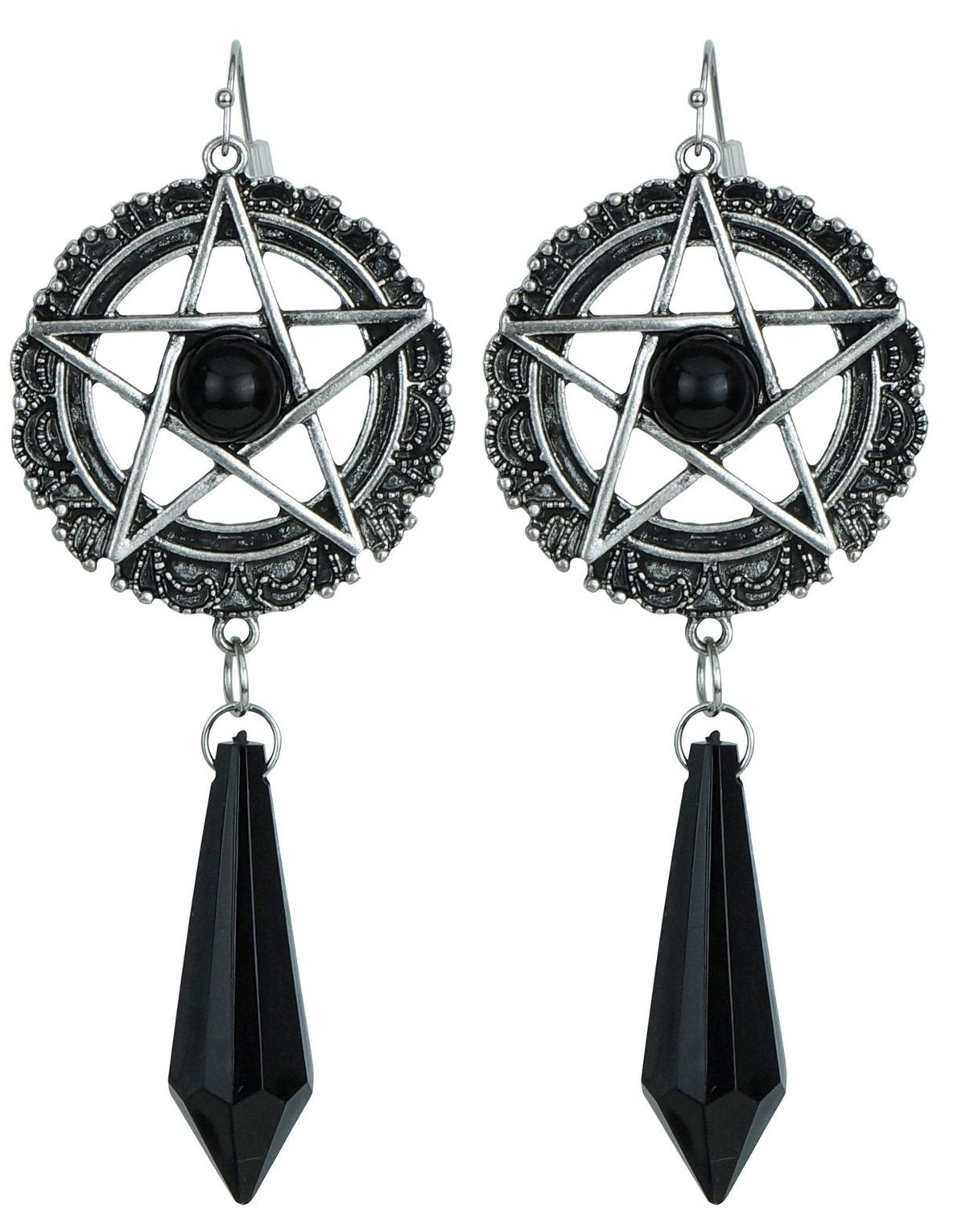 Sølvfargede Pentagram Øredobber og Svarte Stener