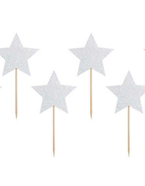 6 stk Sølvfarget Stjerne Kaketopper 11 cm - Magisk Enhjørning