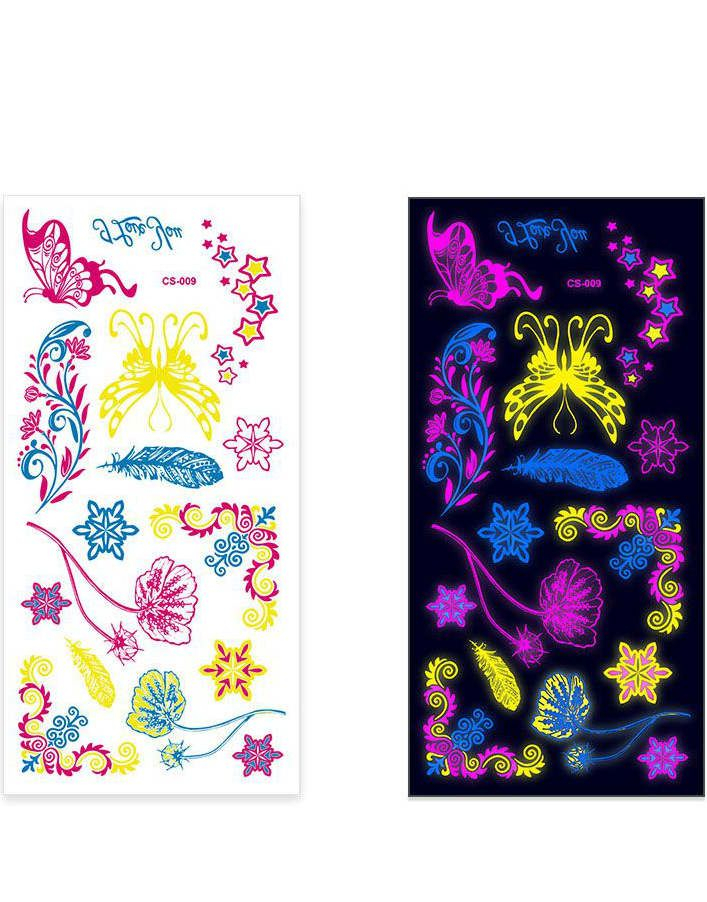Ark med Fluorescerende Sommerfugl, Blomster, Snøfnugg og Andre Tatoveringer (UV Fake Tattoo)
