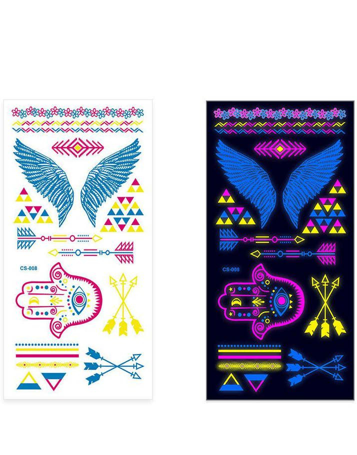 Ark med Fluorescerende Vinger, Hamsa Hånd, Piler og Andre Tatoveringer (UV Fake Tattoo)