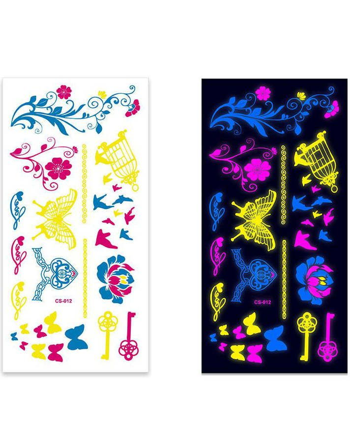 Ark med Fluorescerende Bomster, Sommerfugler og Andre Tatoveringer (UV Fake Tattoo)
