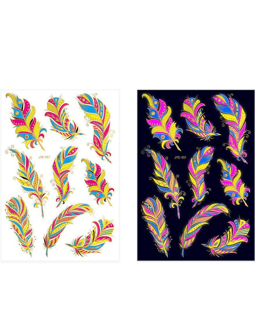 Ark med Forskjellige Fluorescerende Gullfolierte Tatoveringer av Fjær (Gold UV Fake Tattoo)