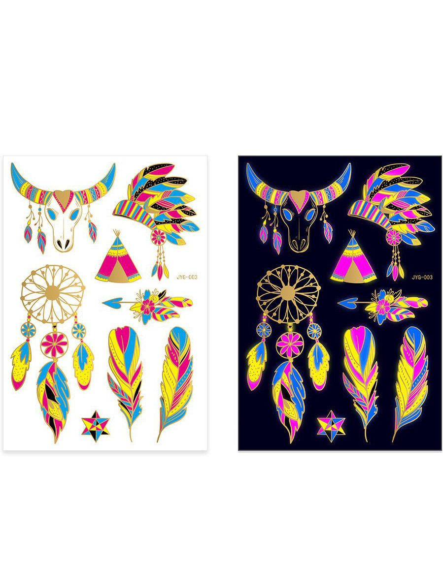 Ark med Forskjellige Indianer Fluorescerende Gullfolierte Tatoveringer (Gold UV Fake Tattoo)
