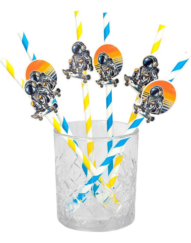 6 stk Stripete Papirsugerør 20 cm - Astronaut Party