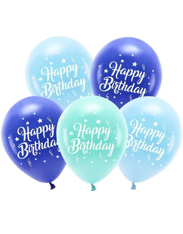 5 stk Blå/Mint Bursdagsballonger - Happy Birthday 26 cm