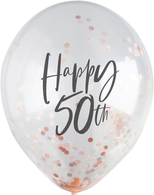 Bilde av 5 Stk 30 Cm Gjennomsiktige Happy 50th Ballonger Med Rosegull Konfetti