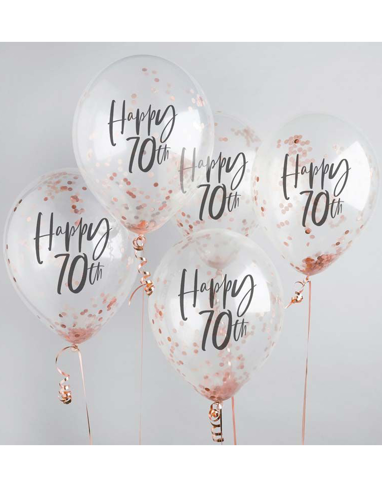 5 stk 30 cm Gjennomsiktige Happy 70th Ballonger med Rosegull Konfetti