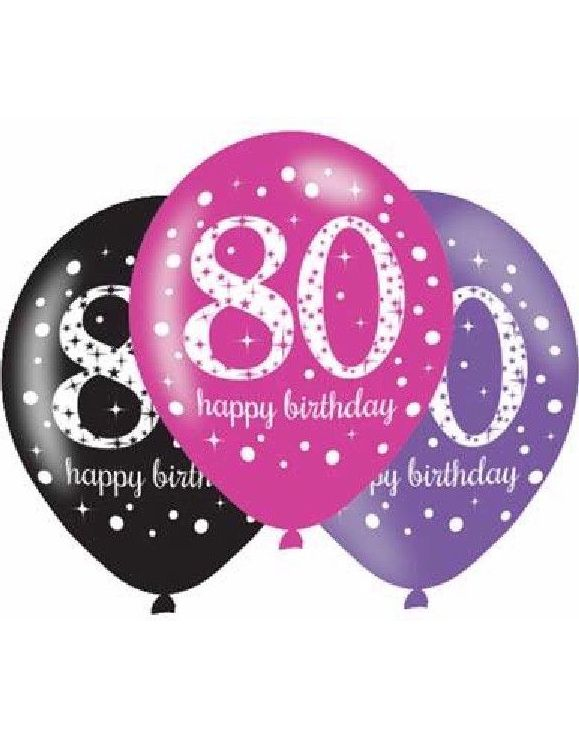 80-Års Dagen - 6 stk Svart, Rosa og Lilla Ballonger 27,5 cm