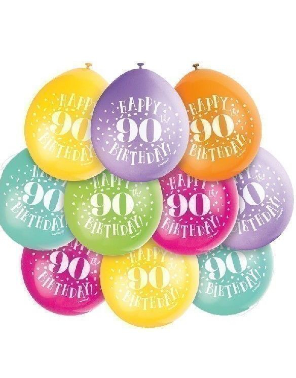 Happy 90th Birthday - 10 stk Flerfarget Ballonger 22,8 cm
