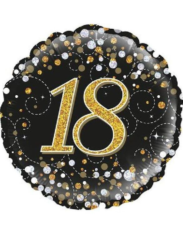 18-års Feiring - Svart og Gull Holografisk Folieballong 45 cm