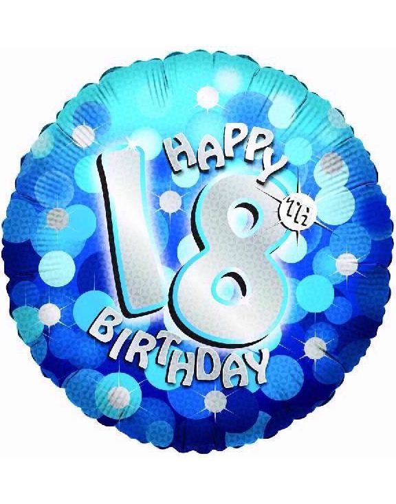 Happy 18th Birthday - Blå og Sølvfarget Holografisk Folieballong 45 cm