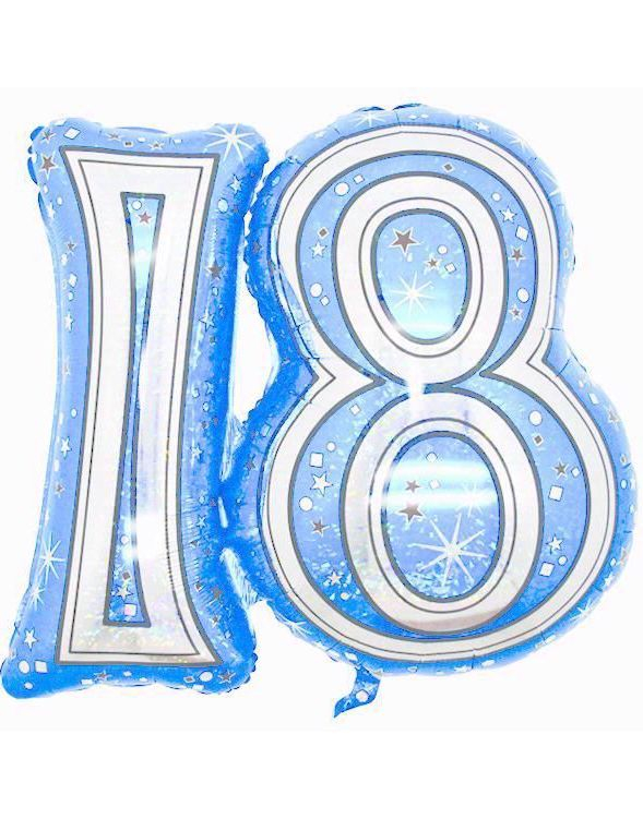 18 år - Blå og Sølvfarget Holografisk Ballong 81cm
