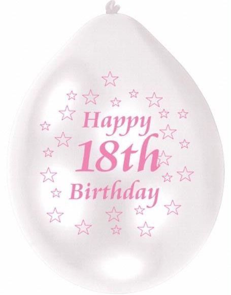 Happy 18th Birthday - 10 stk Hvite og Rosa Ballonger med Stjerner 23 cm