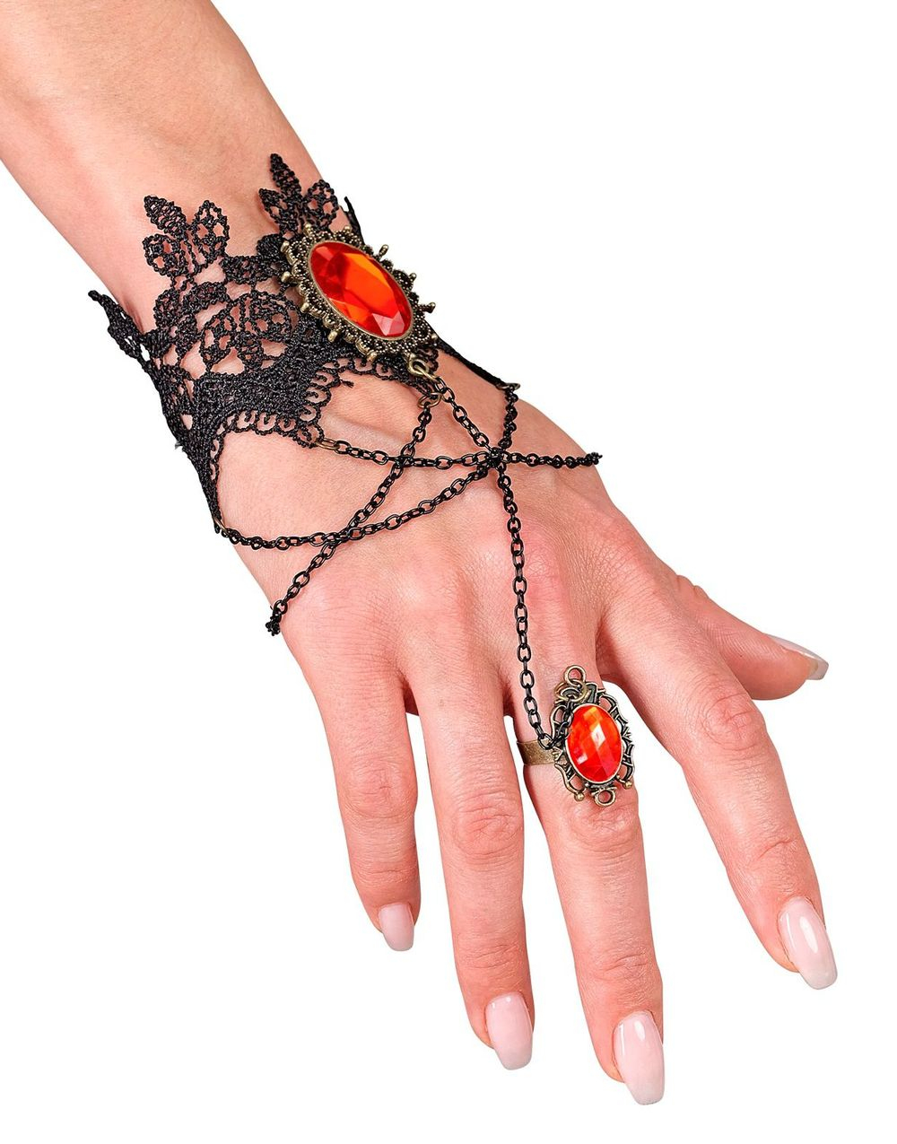 Heklet Hanske med Ring og Røde Stener