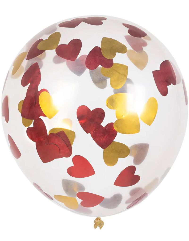 5 stk 30 cm Gjennomsiktige Ballonger med Rød og Gull Hjertekonfetti