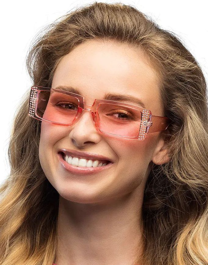 Retro Rosa Rektangulære Briller m/Glitrende Stener