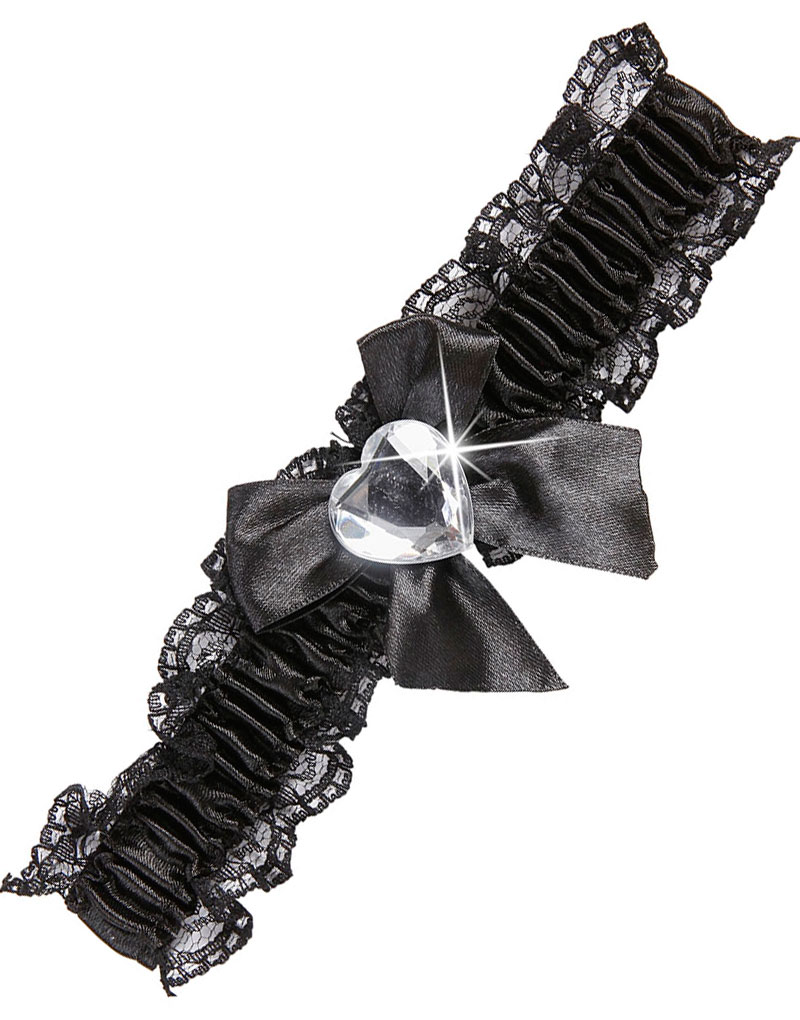 Svart Strømpebånd med Blonder, Sløyfe og Hjerte