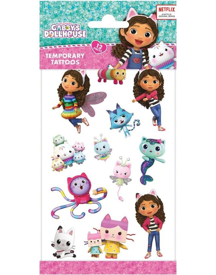 12 stk Lisensierte Midlertidige Gabby's Dollhouse / Gabbys Dukkehus Tatoveringer