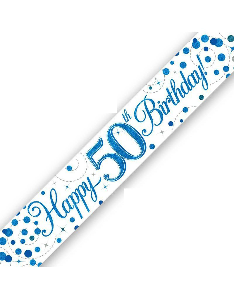 Happy 50th Birthday - 2,7 Meter Hvit og Blå Holografisk Banner