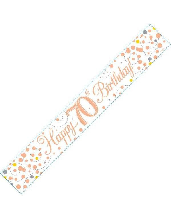 Happy 70th Birthday - 2,7 Meter Hvit og Rosegull Holografisk Banner