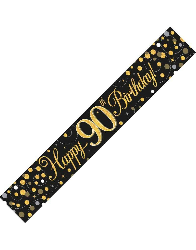 Happy 90th Birthday - 2,7 Meter Svart og Gullfarget Holografisk Banner