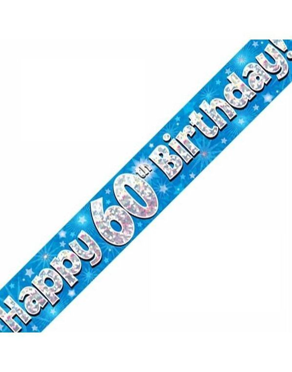 Happy 60th Birthday - 2,7 Meter Blå og Sølvfarget Holografisk Banner