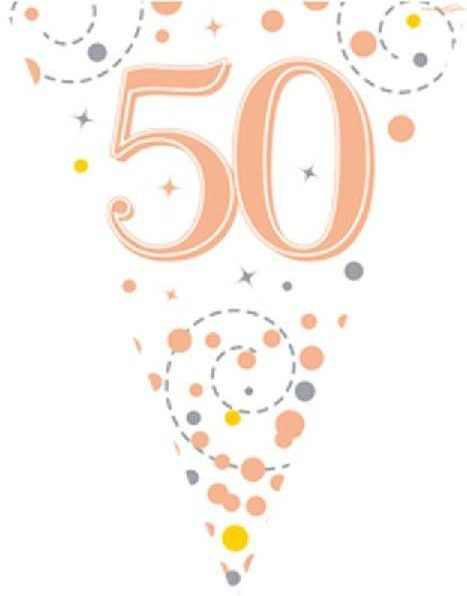 50-års Feiring Hvit og Rosegullfarget Banner med 11 Flagg - 3,9 Meter