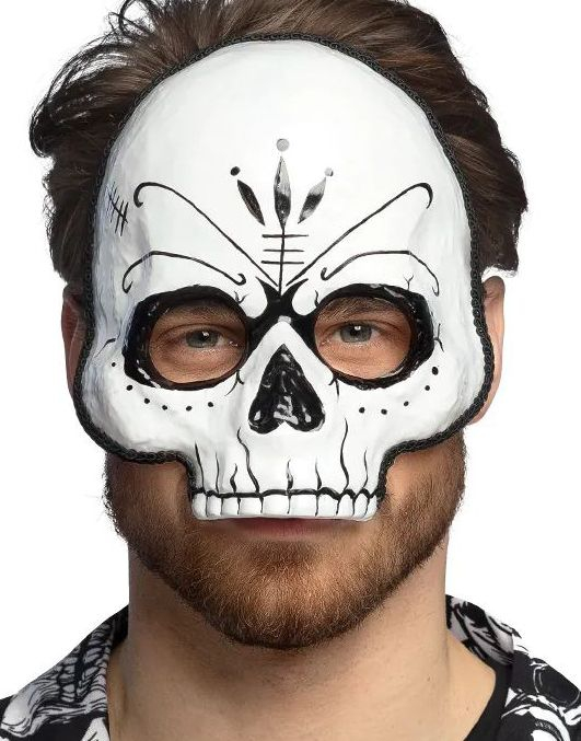Hvit Day of the Dead Maske med Svarte Motiver