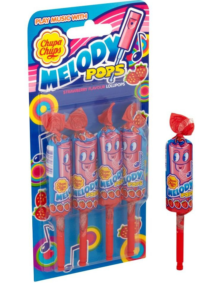 4 Pack Chupa Chups Melody Pops Fløyter med Jordbærsmak 60 gram