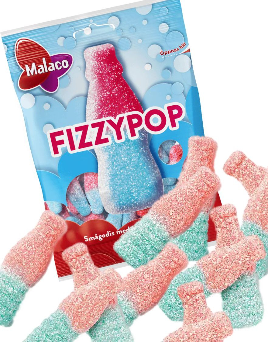 Malaco Fizzypop - Rosa og Blå Bubblegumflasker 85 gram