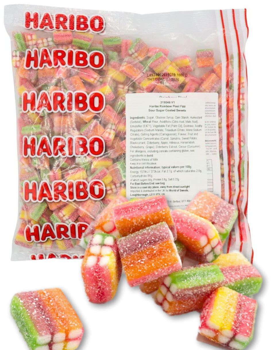 1 kg Haribo Rainbow Pixel Fizz Bag - Pose med Fruktsmakende Fylte Vingummi Mursteiner