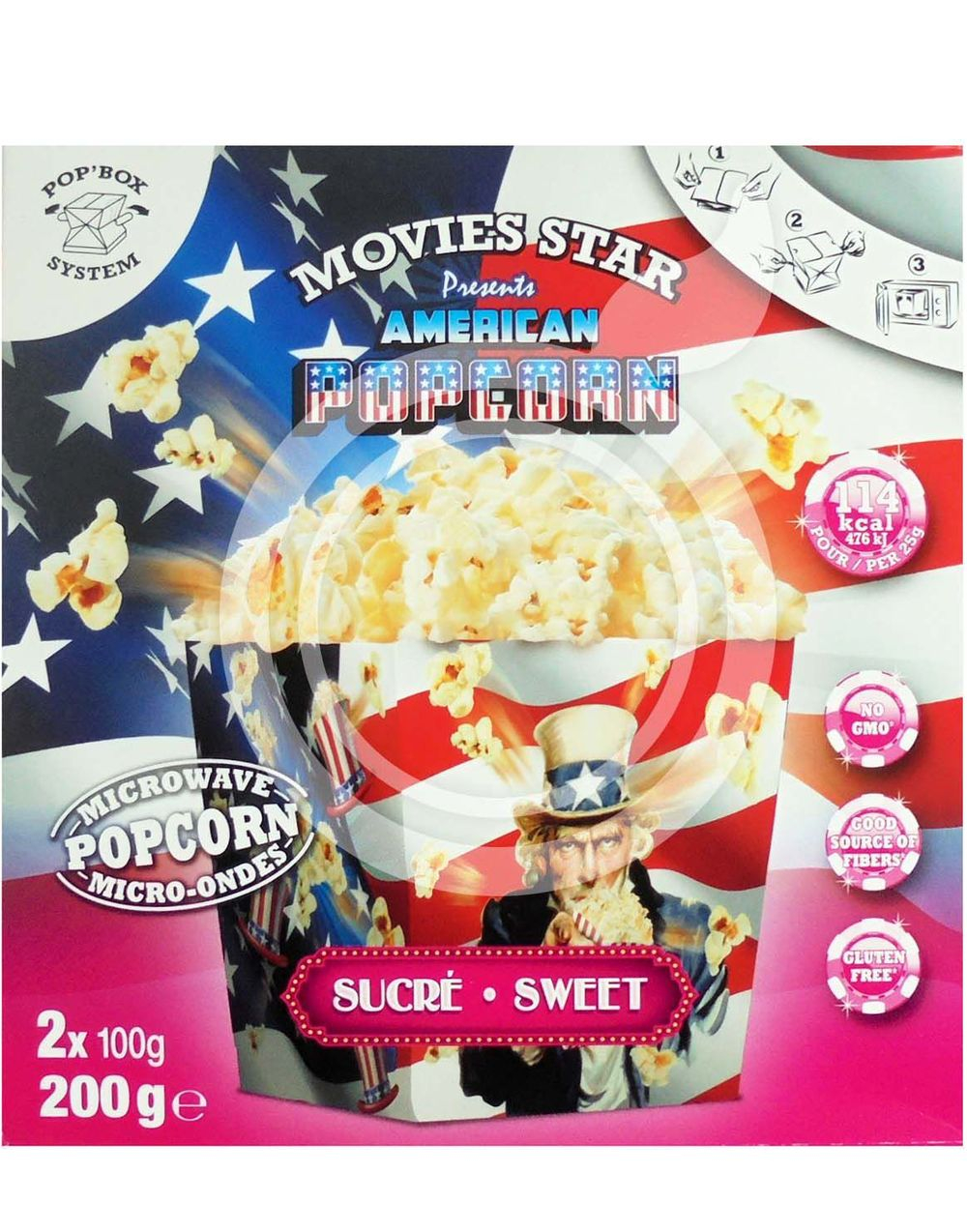 Movies Star American Pop'Box Sweet - Micro-Popcorn med Søt Smak i Utbrettbar Boks 90 gram