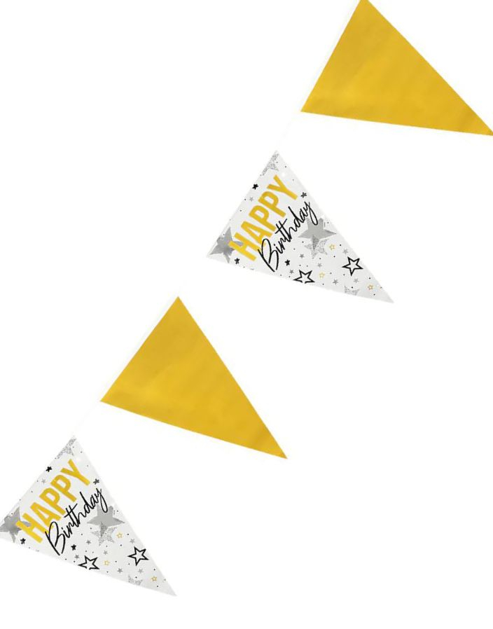 Happy Birthday - Hvit og Gullfarget Banner 6 Meter