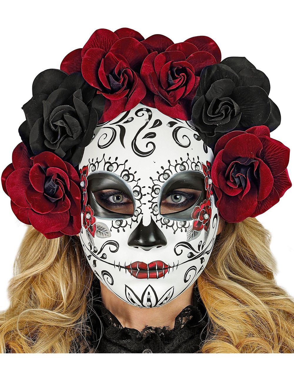 Dia de los Muertos - Maske med Svarte og Burgunder Roser