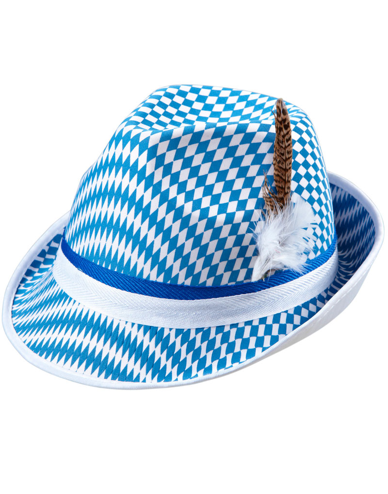 Rutete Blå og Hvit Oktoberfesthatt med Fedoraform, Fjær og Bånd