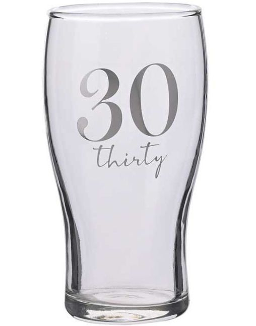 30 ÅR - Ølglass med Sølvfarget Tekst i Gaveeske 16 cm