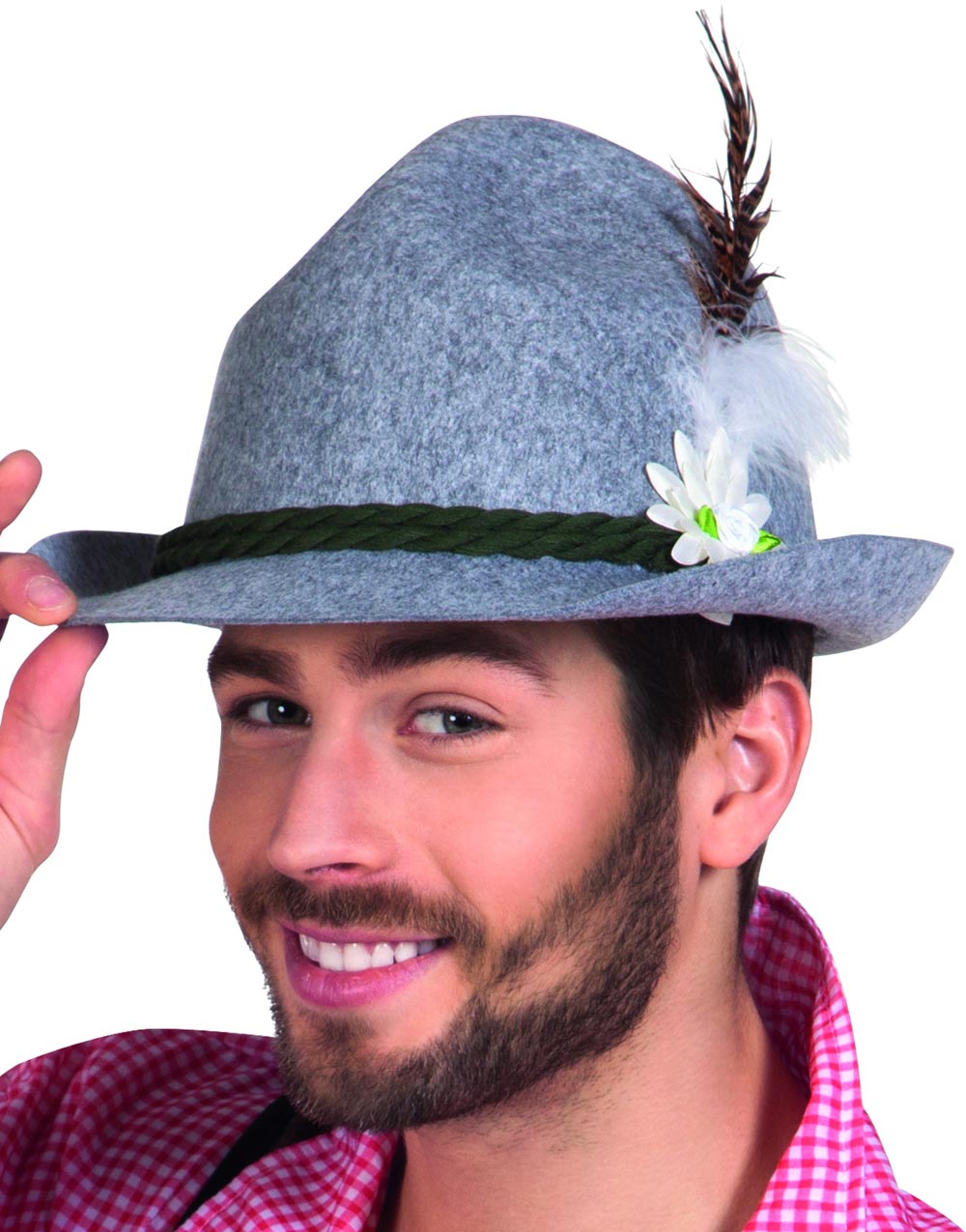 Grå Oktoberfesthatt med Grønt Tvinnet Bånd og Fjær