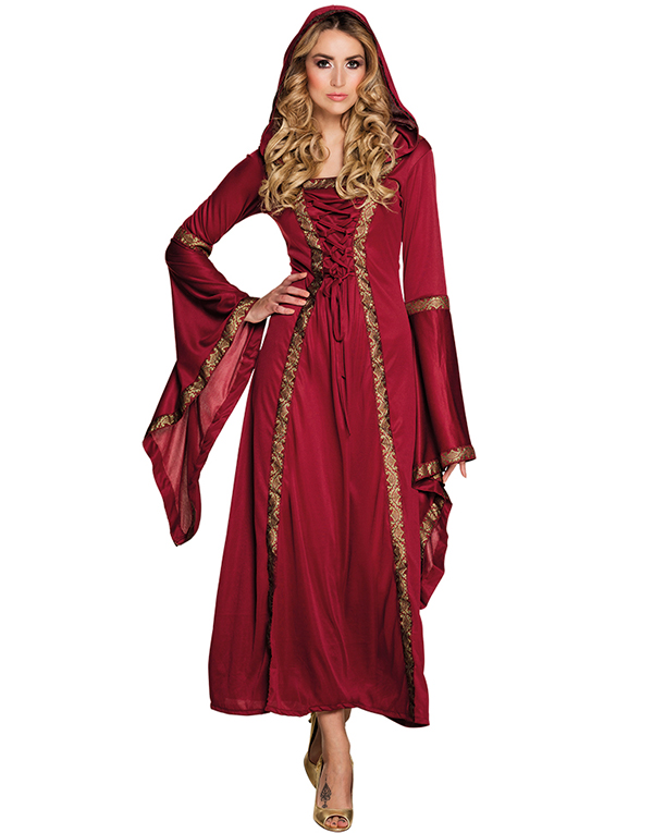 Rødt Middelalderkostyme til Dame med Hette