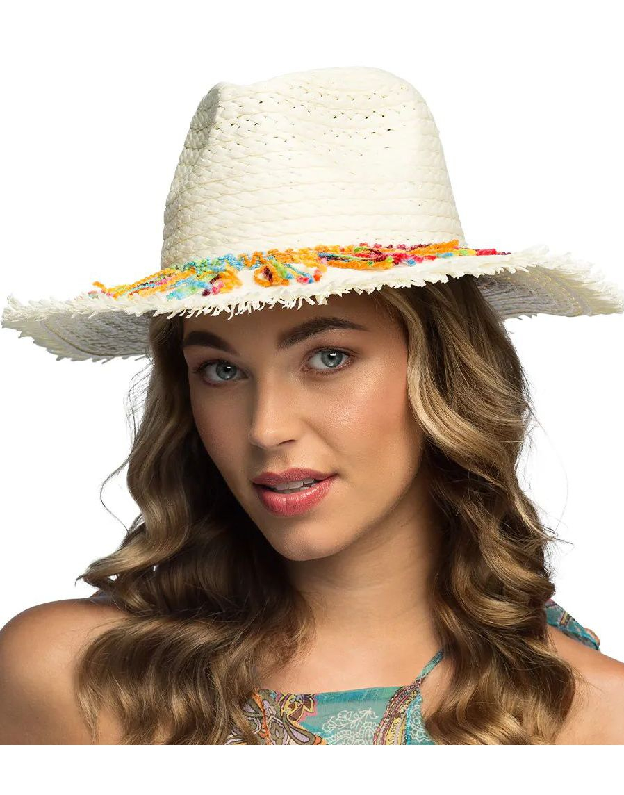 Hvit Bohemsk Stråhatt med Fargerike Frynser