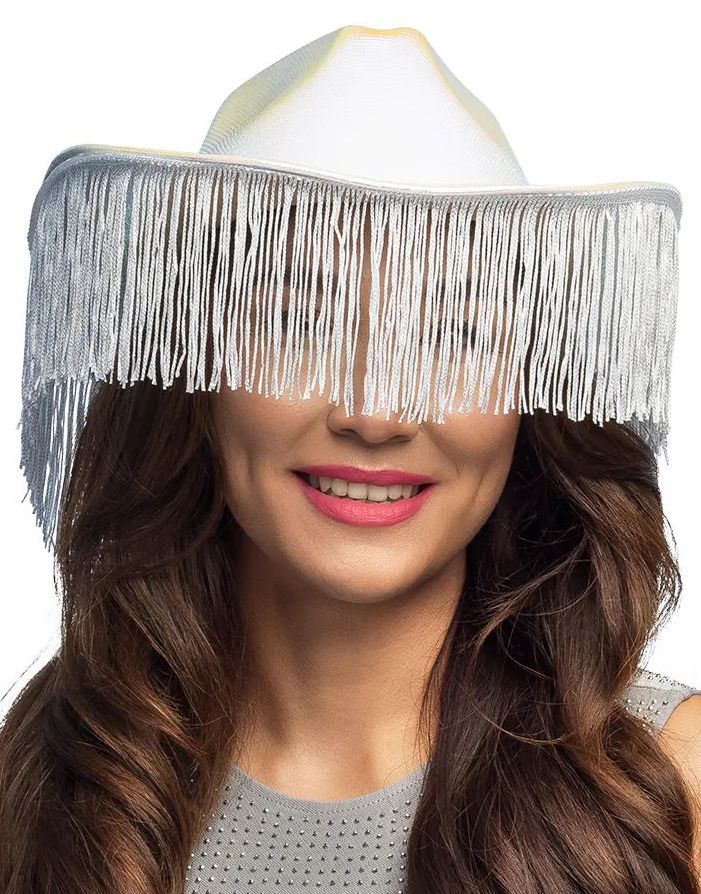 Cowboyhatt med Frynser - Holografisk Hvit