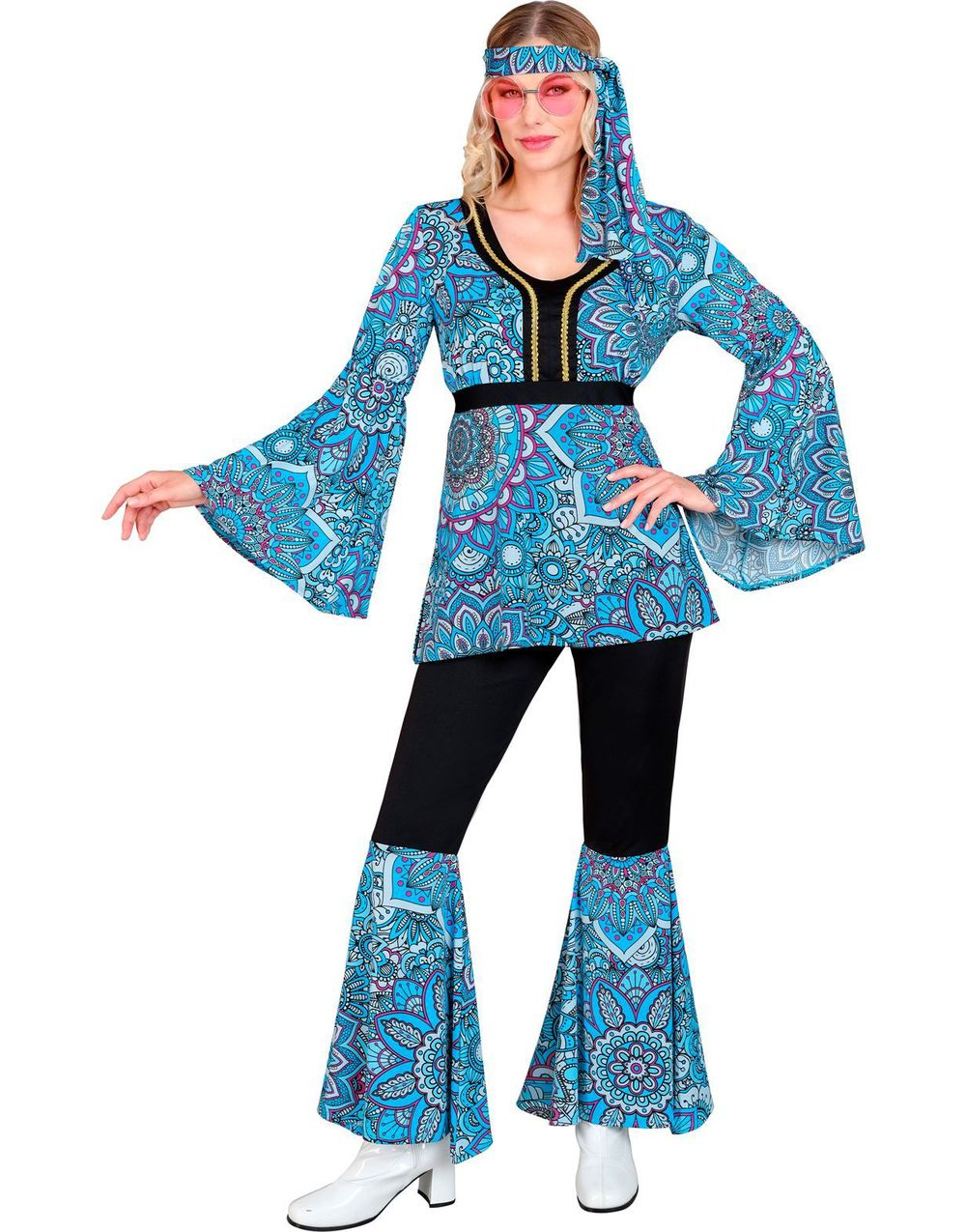 60's Blått Hippiekostyme med Blomstermotiv til Dame