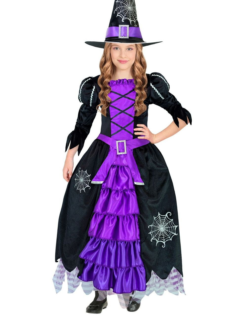 Svart og Lilla Heksekostyme med Spindelvev Motiver til Barn