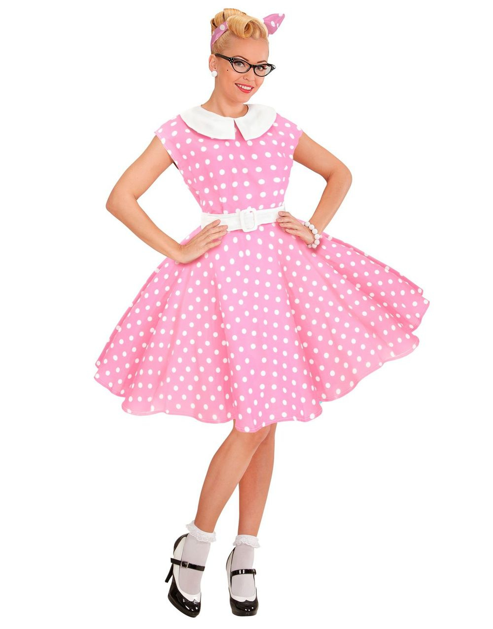 50-Talls Lys Rosa Kjole med Prikker - Kostyme