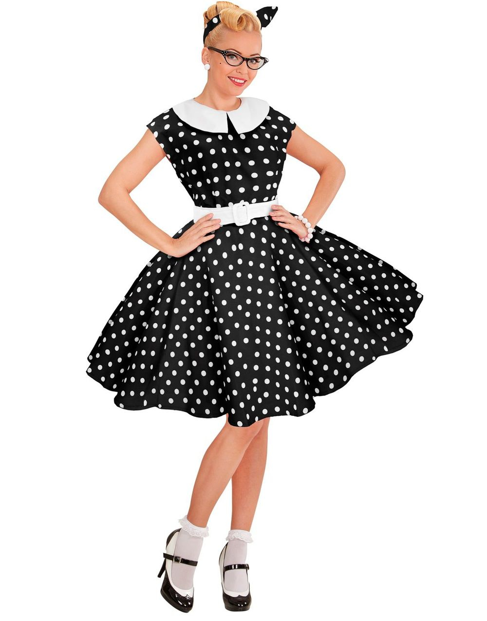 50-Talls Svart Kjole med Prikker til Dame