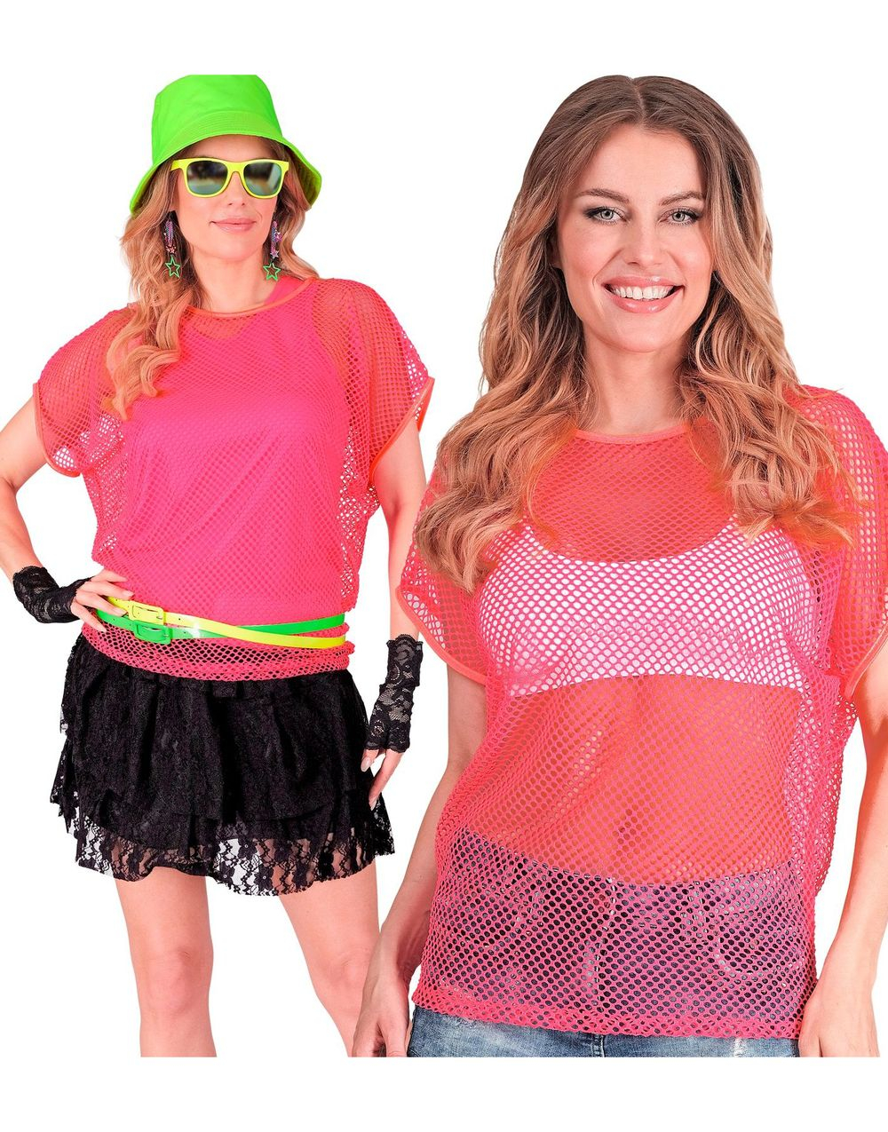 Rosa UV Neon Fishnet T-Skjorte til Dame